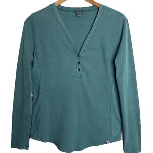 Eddie Bauer Waffle Knit Henley Shirt Thermal Top Womens XL Teal 90s Y2K Outdoor‎